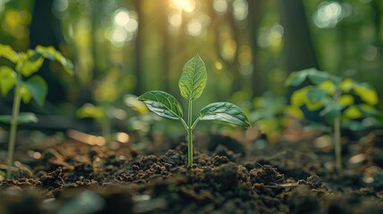 Poster - A small green plant sprouts from the ground, illuminated by sunlight in an outdoor forest setting. The focus is on the vibrant colors of its leaves and petals against blurred background of lush trees.