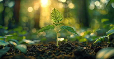 Poster - A small green plant sprouts from the ground, illuminated by sunlight in an outdoor forest setting. The focus is on the vibrant colors of its leaves and petals against blurred background of lush trees.