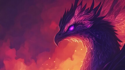 Poster - A mystical dragon with vibrant colors and glowing eyes against a dramatic background.