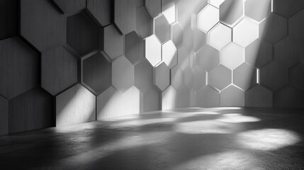 Poster - Sunlight streams through a modern hexagonal structure creating dramatic shadows on the smooth floor