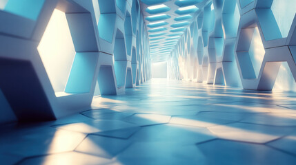 Poster - Sunlight streams through a futuristic hallway's hexagonal design creating a breathtaking ethereal glow