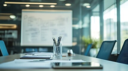 Poster - Modern office conference room table with documents and pencils in a glass.