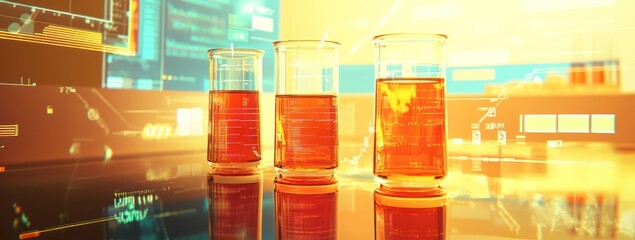 Poster - Three beakers filled with orange liquid, set against a digital backdrop.
