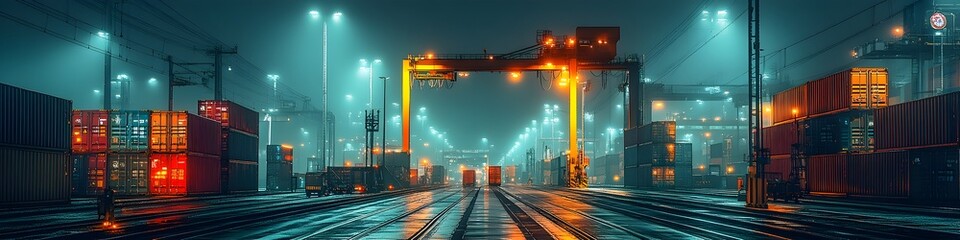 Poster - Bustling container port with cargo shipping containers,industrial cranes,and illuminated urban skyline at night. Represents the global logistics,transportation,and trade industry.