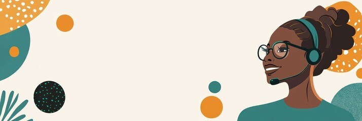 Aufkleber - Illustration of a woman with a headset, surrounded by abstract shapes.