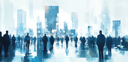 Aufkleber - Silhouetted figures in a futuristic urban landscape with abstract architecture.