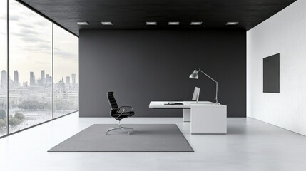 Poster - Modern office space with minimalistic design, featuring a desk, chair, and large windows.