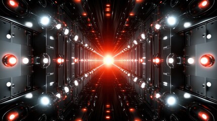 Poster - A futuristic tunnel illuminated by red and white lights, converging towards a bright center.