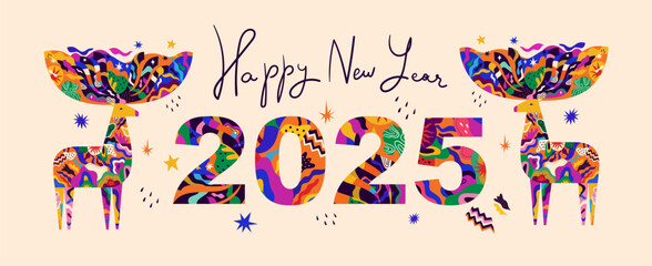 Wall Mural - greeting illustration with deers. happy new year 2025