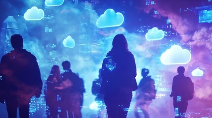 Aufkleber - Silhouettes of people against a vibrant, cloud-themed cityscape.
