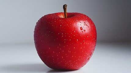 Poster - Closeup of a freshly picked,ripe and juicy red apple with glistening water droplets on a plain gray background. The apple is shiny and glossy,showcasing its natural sweetness and crispness.