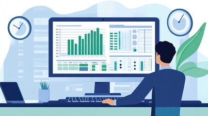 Poster - A person analyzing data on a computer with graphs and charts in a modern office setting.
