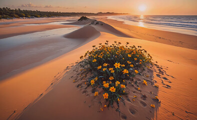 Poster - Small patch of yellow flowers is growing on a sandy beach. The flowers are surrounded by sand and there is a body of water in the background