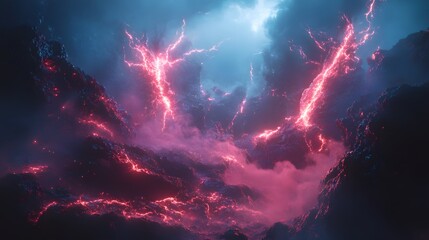 Wall Mural - Glowing red lightning strikes through dark clouds.