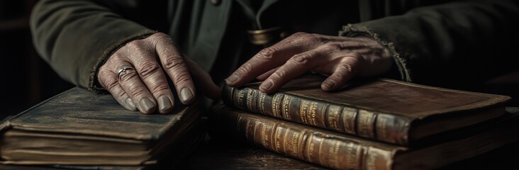 Aufkleber - A pair of antique books rests on a table, hands gently placed on them, suggesting contemplation.
