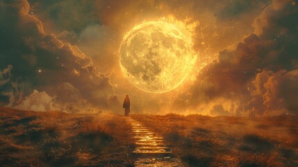 Poster - Lone traveler silhouette on road under full moon illustration. Seeking spiritual experience wallpaper scene artwork. Mysterious path to magic background image digital art concept