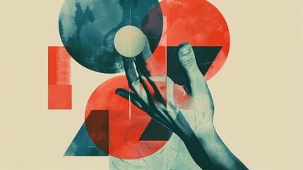 Poster - hand with geometric shapes background image. person fingers touching round figure flat colorful illu