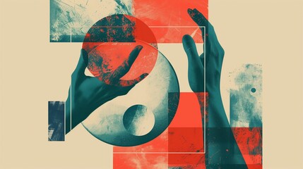 Poster - hands touching various geometric shapes background image. abstract geometry composition flat colorfu