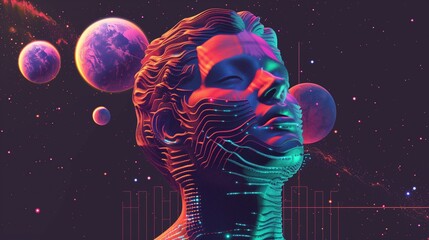 Poster - Dreaming man head against planets in dark sky illustration. Tripping to outer space wallpaper scene artwork. Endless inner cosmos discovery background image digital art concept
