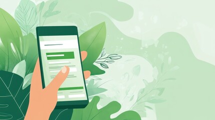 Fototapete - A hand holding a smartphone displaying a form against a leafy green background.