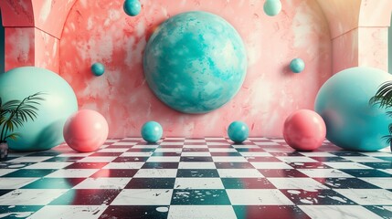Poster - floating spheres in room with columns illustration. color balls flying over checkered floor wallpape