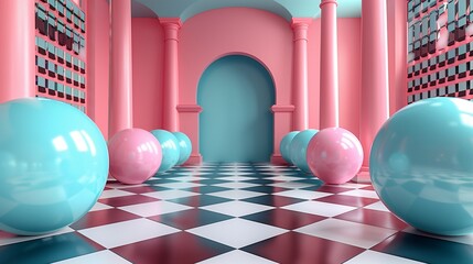 Poster - room with columns, arch and spheres illustration. vintage art deco interior with balls wallpaper sce