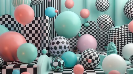 Poster - different spheres surrealistic backdrop illustration. geometric shapes arrangement wallpaper scene a