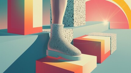 Poster - foot in boot on block with geometric shapes illustration. abstract fashion composition wallpaper sce