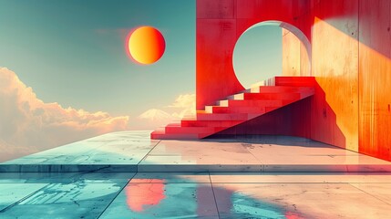 Poster - surreal concrete building with concrete walls and stairs illustration. minimal architecture in heave