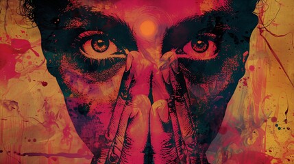 Poster - woman face closed with hands background image. lady showing pray gesture flat colorful illustration 