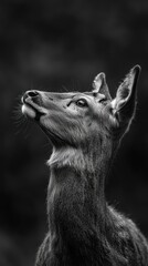 Aufkleber - A close-up black-and-white portrait of a deer gazing upward in a serene pose.
