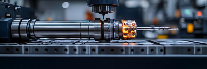 Leinwandbilder - Close-up view of a precision metal drill bit in an advanced industrial factory setting,showcasing modern manufacturing technology and engineering processes.