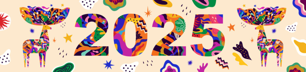 Wall Mural - greeting illustration with deers. happy new year 2025