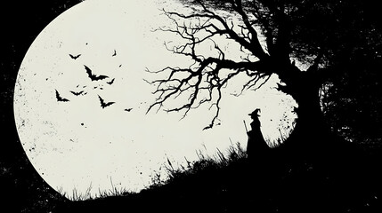 Wall Mural - Silhouette Witch Stands Beneath a Barren Tree, Bats Fly Against a Grungy Moon Background Illustration