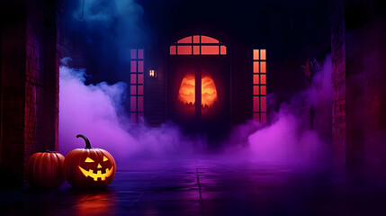 Wall Mural - Spooky Halloween Jack-o'-lanterns Illuminate a Mysterious Brick Entryway with Purple and Blue Fog