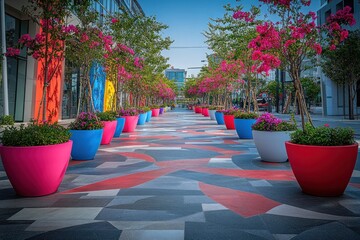 Poster - Vibrant walkway adorned with colorful flower pots and artistic pavement design.