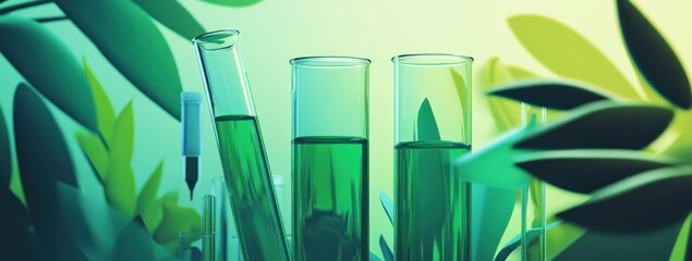 Aufkleber - A scientific setup featuring test tubes with green liquid amidst lush leaves.