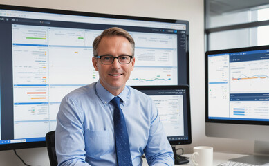 Poster - Man wearing a blue shirt and a tie sits in front of a computer monitor. He is smiling and he is happy