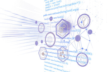 Fototapete - Abstract hexagonal nodes interconnected with lines, overlayed with programming code fragments on a white background, symbolizing technology concepts