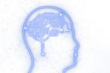 Fototapete - Silhouette of a human head with a circuit-like brain design, surrounded by a network, on a white background, representing technology and connection