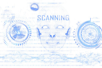 Fototapete - Digital face scanning interface with binary code, circuit elements, and tech-inspired layout, shown on a white background. Concept of data analysis