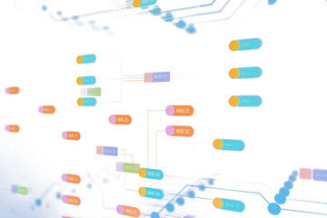 Fototapete - Abstract nodes and connections in a digital data network system shown with colorful elements and text labels on a white background, concept of technology