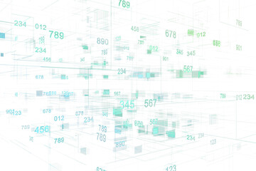 Poster - Abstract data network with floating numbers and geometric patterns, light green on white background, representing technology and digital flow