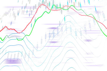 Poster - Abstract financial charts with red and green trend lines and blue candlesticks on a white background, representing data analysis and forex concepts