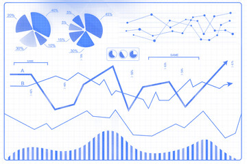 Poster - Business financial charts featuring pie charts, line graphs, and bar graphs in blue style on a transparent white grid background. Concept of analysis