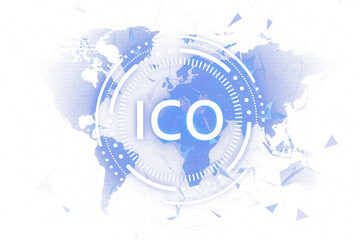 Fototapete - Digital ICO text over a blue world map with geometric patterns, white background, highlighting cryptocurrency, blockchain, and technology concepts