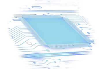 Fototapete - Abstract microchip illustration on a white background with blue circuit board lines and soft gradients. Concept of technology and innovation