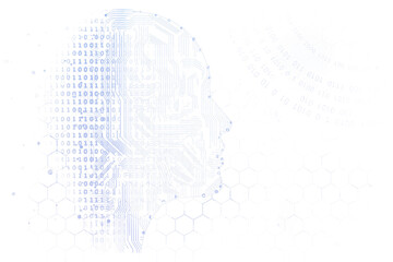 Sticker - Digital human head silhouette with circuit patterns and binary code overlay, hexagonal grid elements, white background, concept of technology