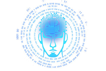 Fototapete - Abstract illustration of a human face and brain with a circuit board design, surrounded by binary code. Clean layout on a white background