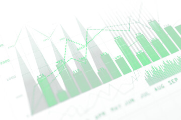 Poster - Close-up of financial charts with green bars and dotted lines on a white background, representing stock market data. Concept of business analysis